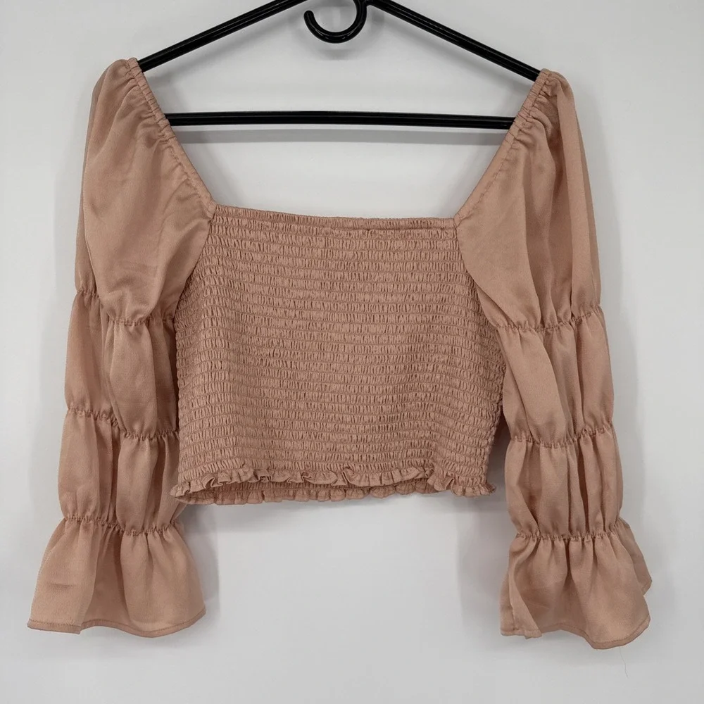 Free People Intimately Ruffle Crop Blouse Pink Puff Sleeve Large Boho Peasant